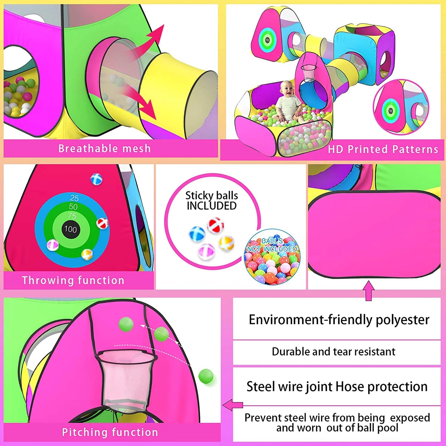 Polyester 5Pc Kids Ball Pits for Toddlers with Crawl Tunnel Tent Indoor Outdoor Games