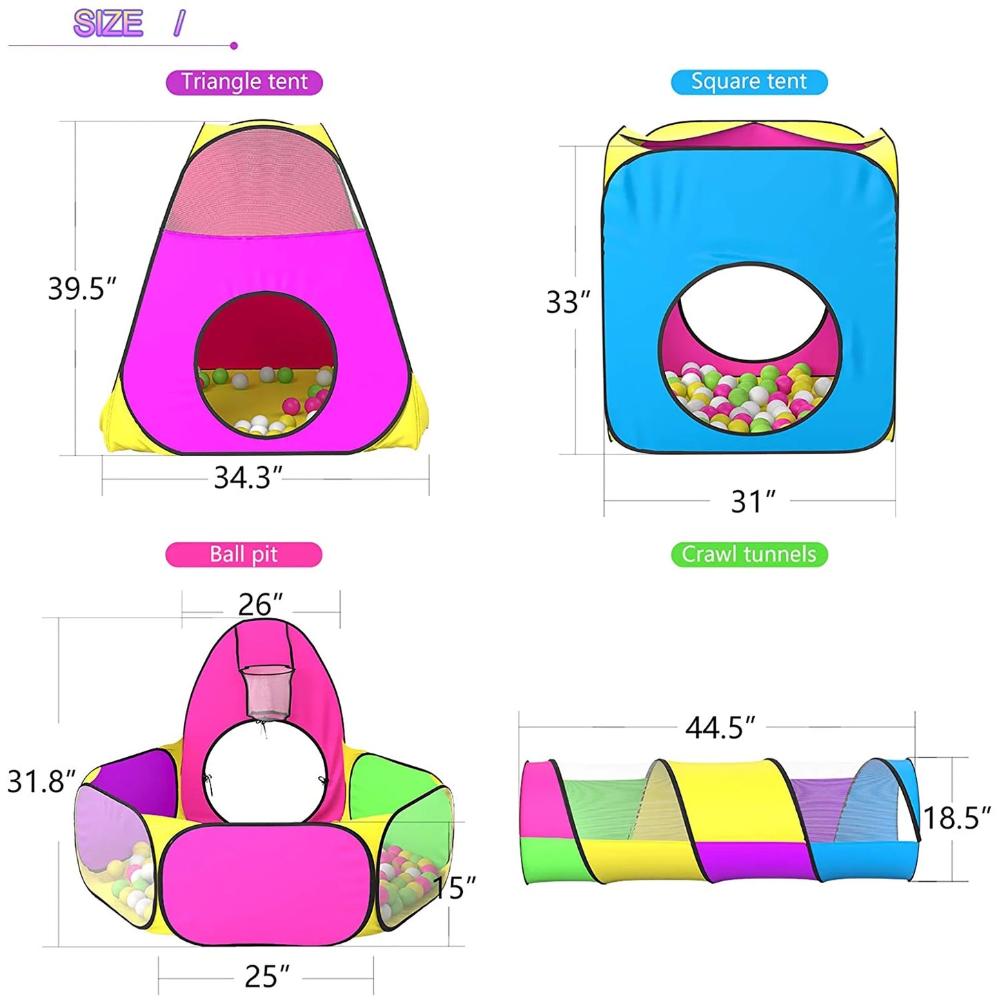 Polyester 5Pc Kids Ball Pits for Toddlers with Crawl Tunnel Tent Indoor Outdoor Games