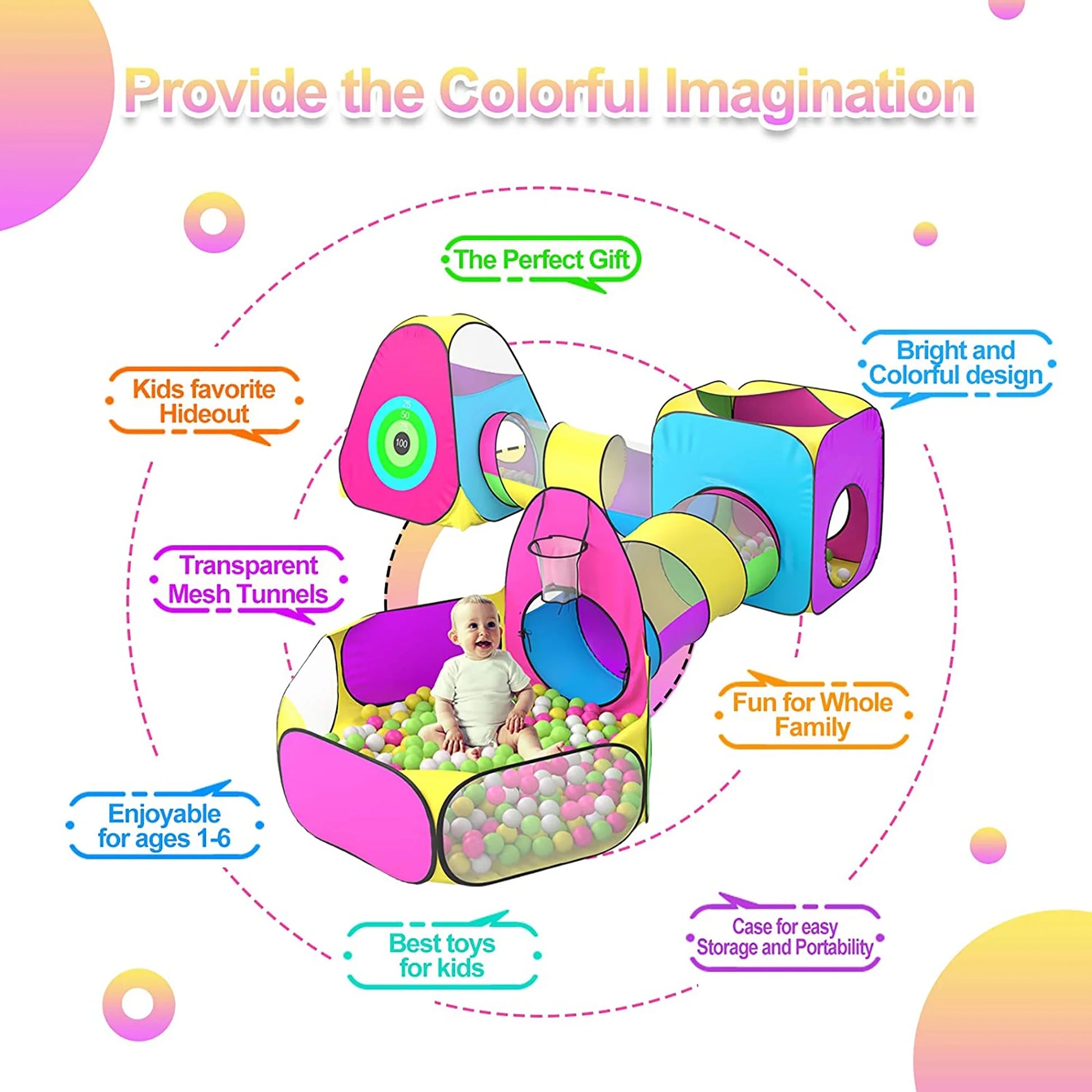 Polyester 5Pc Kids Ball Pits for Toddlers with Crawl Tunnel Tent Indoor Outdoor Games